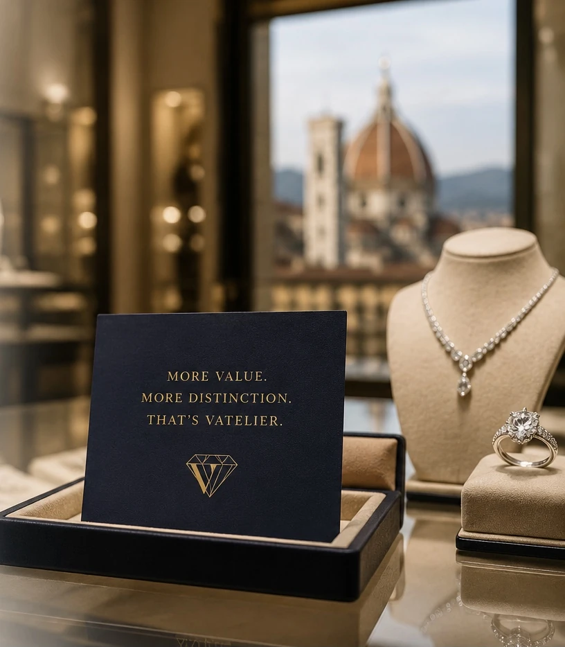 Luxury jewellery display with Florence Cathedral in the background